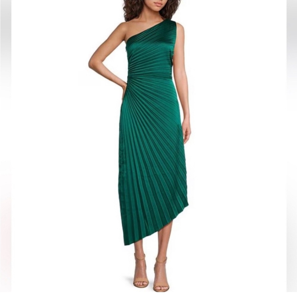 Belle Badgley Mischka Kelsey Satin Plisse One Shoulder Dress Size 2 Green Teal
